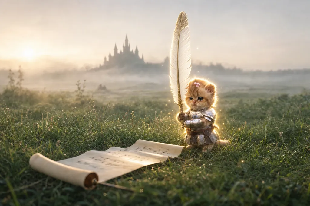 At sunrise the kitten in silver armour stands in a green field and holds his big quill up. A long paper scroll lies open in the grass. A castle stands far away in the mist.