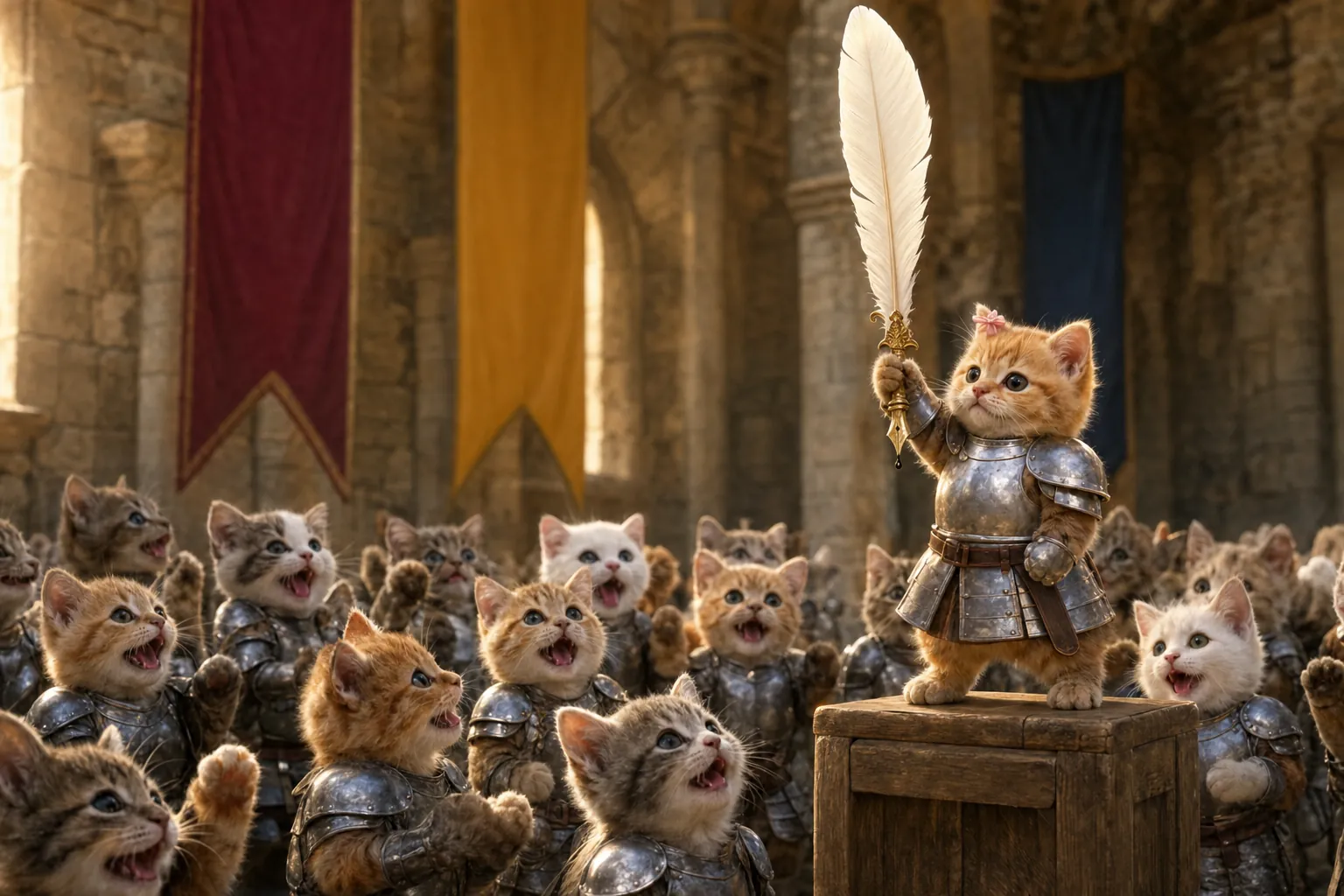 In a castle hall with long red, gold and blue flags, the kitten in silver armour stands on a wooden box and holds his quill up high. A big crowd of small kittens in armour looks up at him.