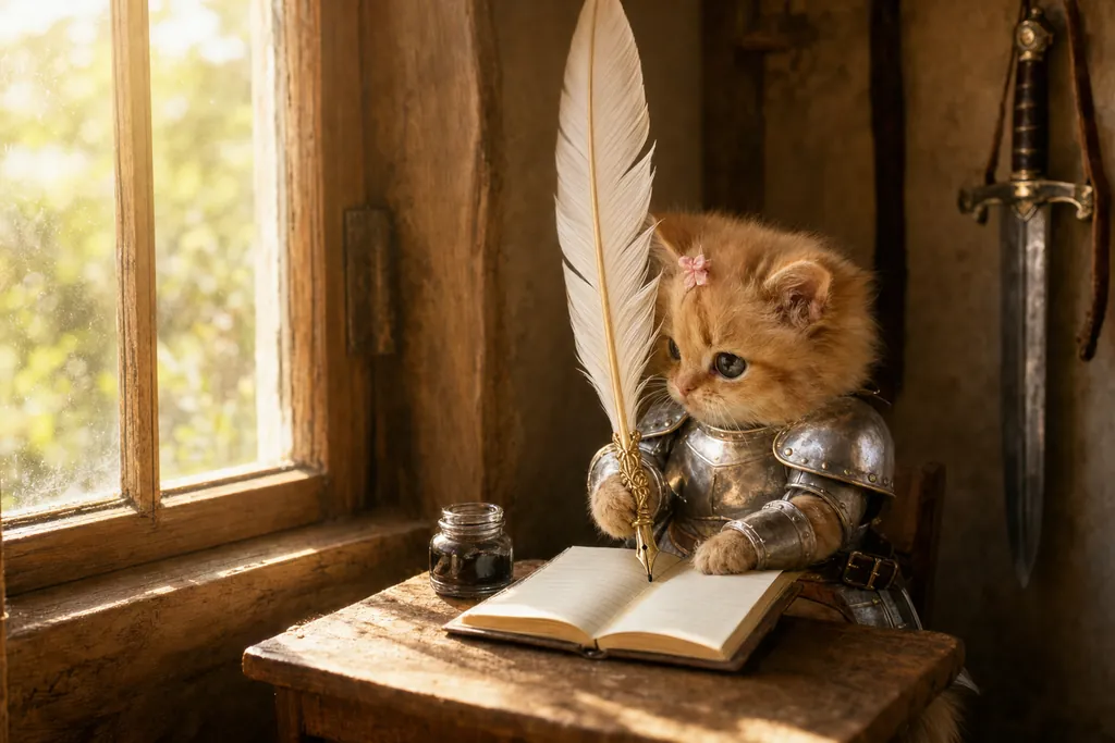 The kitten in silver armour sits at a wooden desk by a sunny window and writes in an open book with a giant white quill. His sword hangs on the wall behind him.