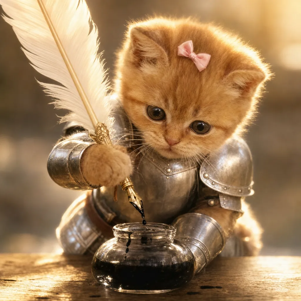The kitten in silver armour, with a small pink bow, dips the tip of his giant quill into a small glass ink pot on the desk.