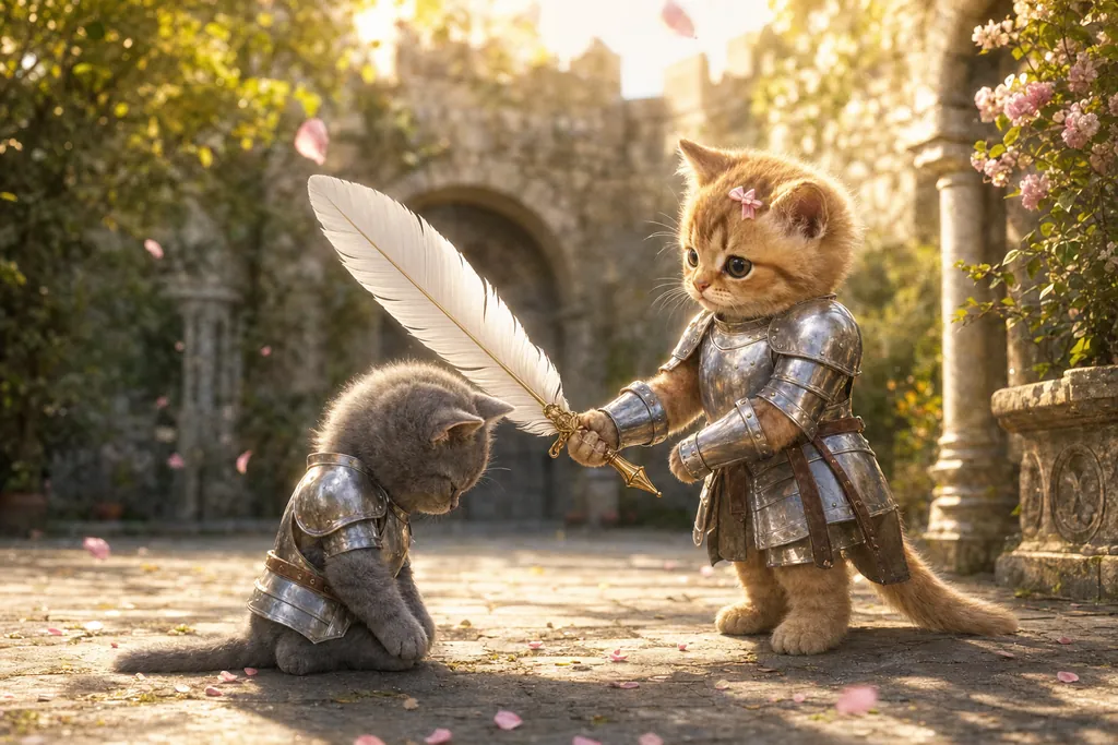 In a sunny castle garden, the kitten in silver armour taps a small grey kitten in armour on the shoulder with his big white quill. The small kitten bows his head.
