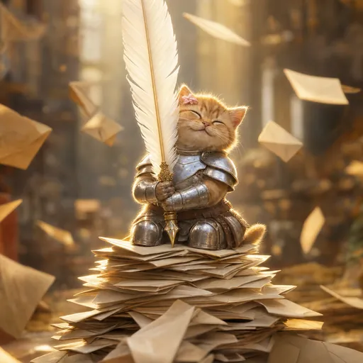 The kitten in silver armour sits on a tall pile of paper letters and holds his quill up. More letters fly in the air around him.