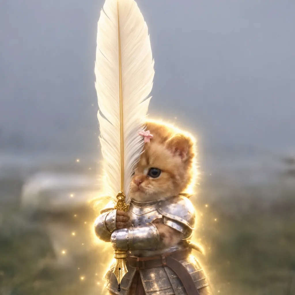 The fluffy orange kitten in silver armour, with a small pink bow, holds a giant white and gold quill straight up, the way he once held a sword.