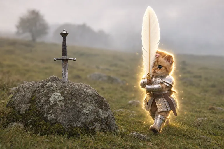 On a misty green hill, a sword stands in a big grey stone. The kitten in armour walks past it with his quill held high.